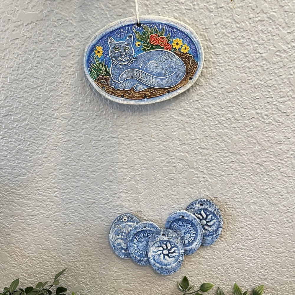 Vintage Chime Tree Stoneware Wind Chime Blue Cat Kitty Lace Celestial Garden Art
